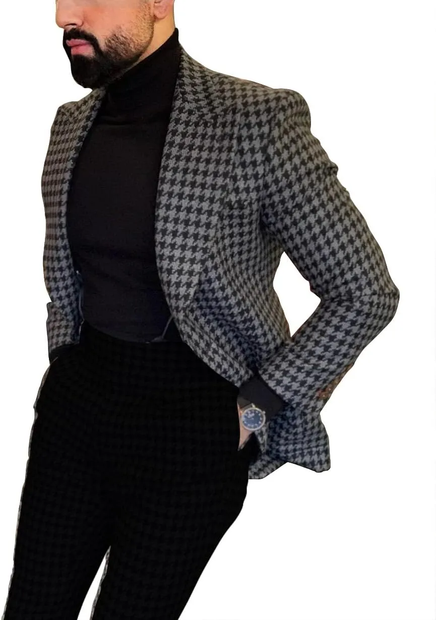 Premium Mens Big Pattern Houndstooth Dogstooth Plaid Slim Fit Tuxedo Prom Wedding Sport Coat