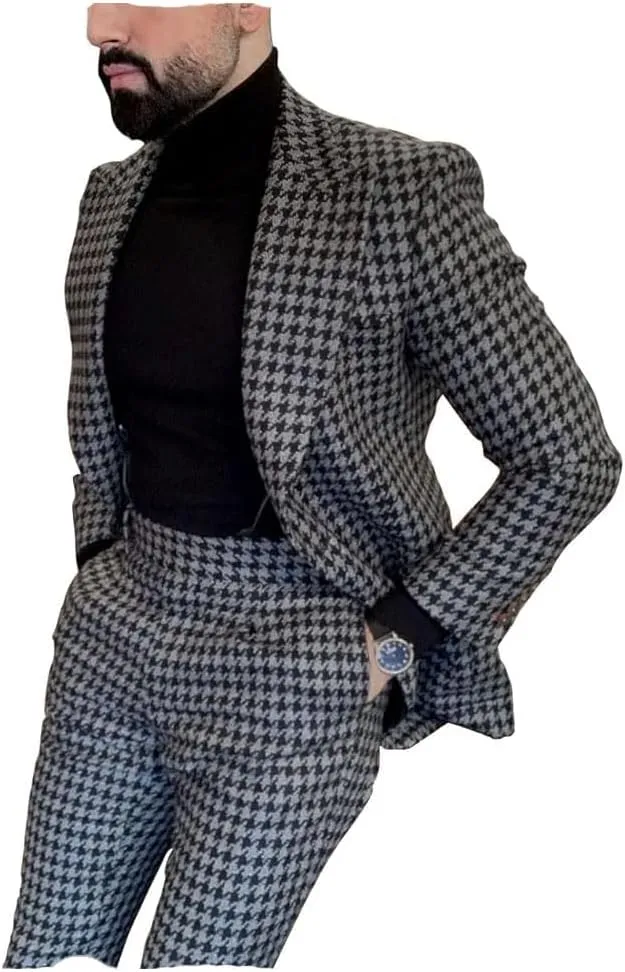 Premium Mens Big Pattern Houndstooth Dogstooth Plaid Slim Fit Tuxedo Prom Wedding Sport Coat