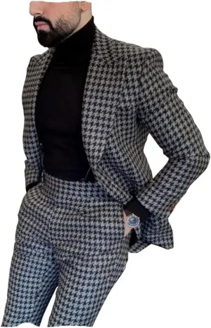 Premium Mens Big Pattern Houndstooth Dogstooth Plaid Slim Fit Tuxedo Prom Wedding Sport Coat