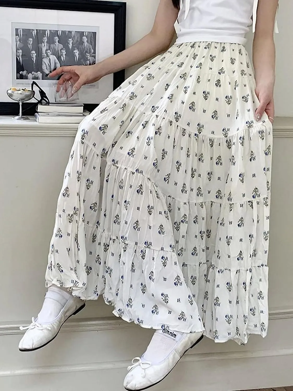 Print Floral Summer Pleated Skirt Women Mori Girl Style Casual High Waisted Ruffle Midi Long Skirts Pleat