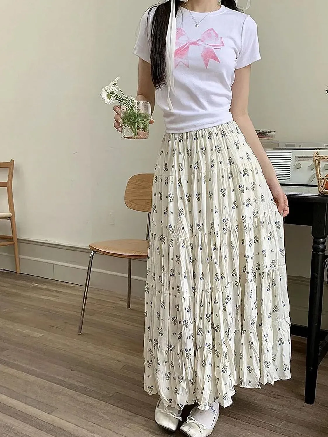 Print Floral Summer Pleated Skirt Women Mori Girl Style Casual High Waisted Ruffle Midi Long Skirts Pleat
