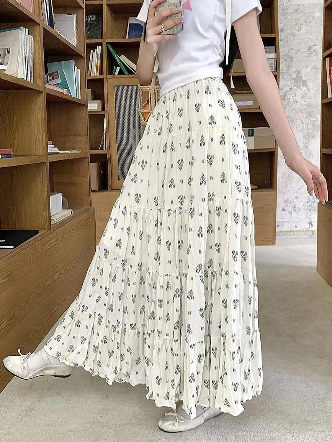 Print Floral Summer Pleated Skirt Women Mori Girl Style Casual High Waisted Ruffle Midi Long Skirts Pleat