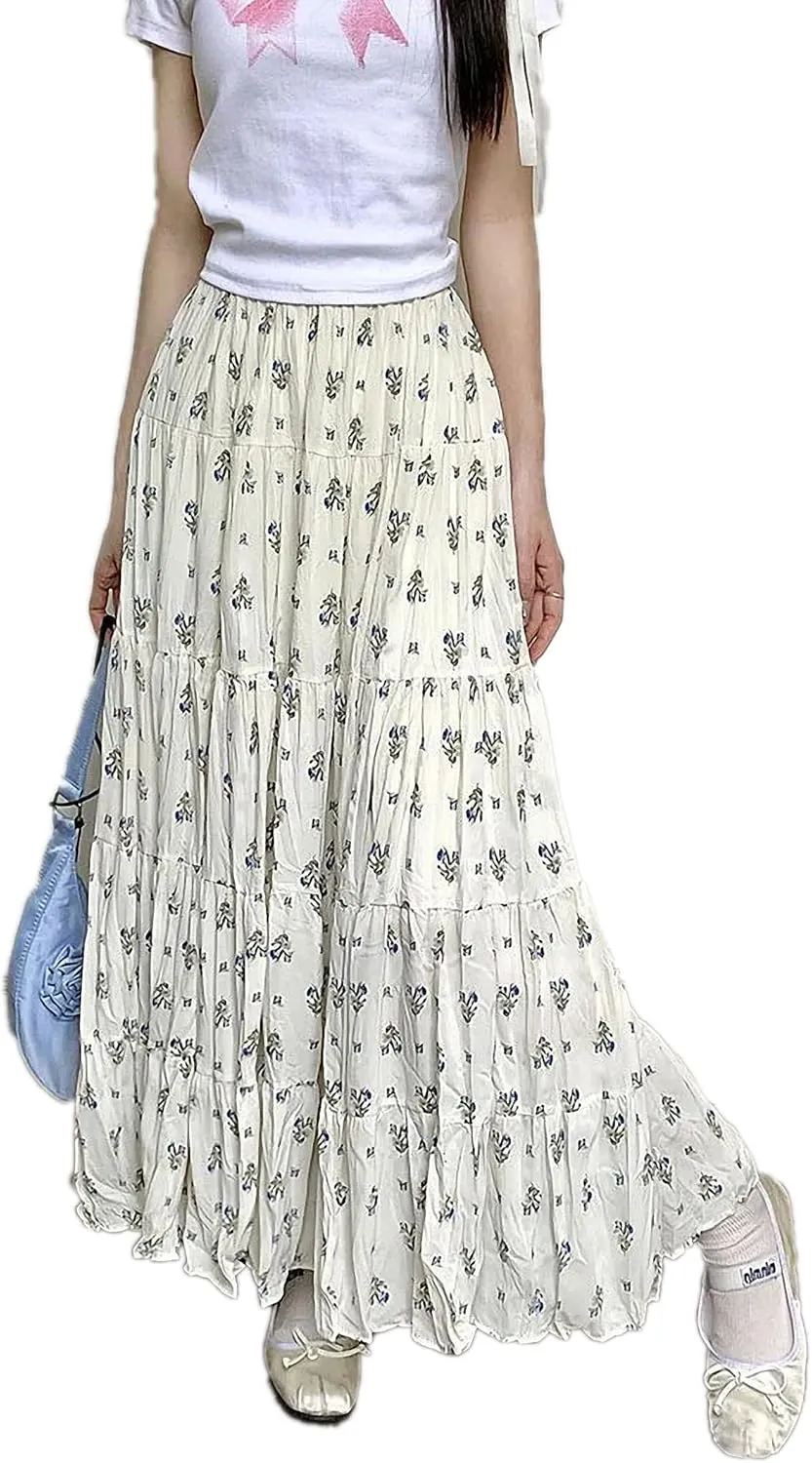 Print Floral Summer Pleated Skirt Women Mori Girl Style Casual High Waisted Ruffle Midi Long Skirts Pleat