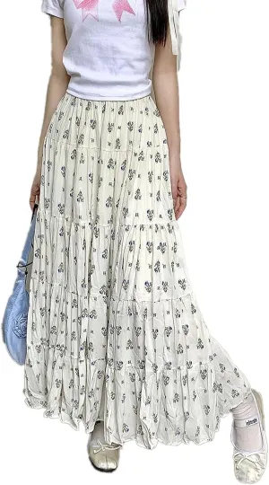 Print Floral Summer Pleated Skirt Women Mori Girl Style Casual High Waisted Ruffle Midi Long Skirts Pleat
