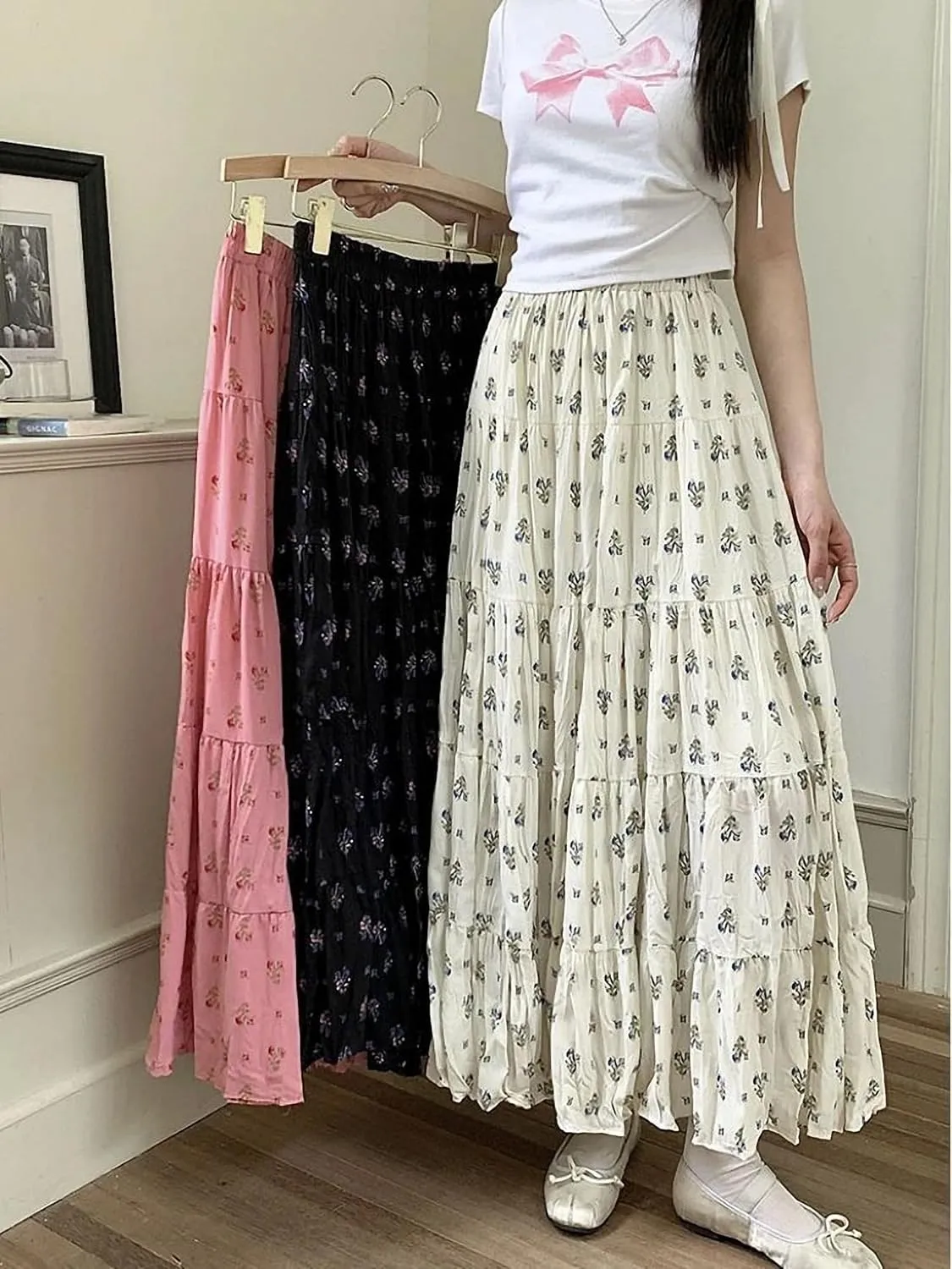 Print Floral Summer Pleated Skirt Women Mori Girl Style Casual High Waisted Ruffle Midi Long Skirts Pleat