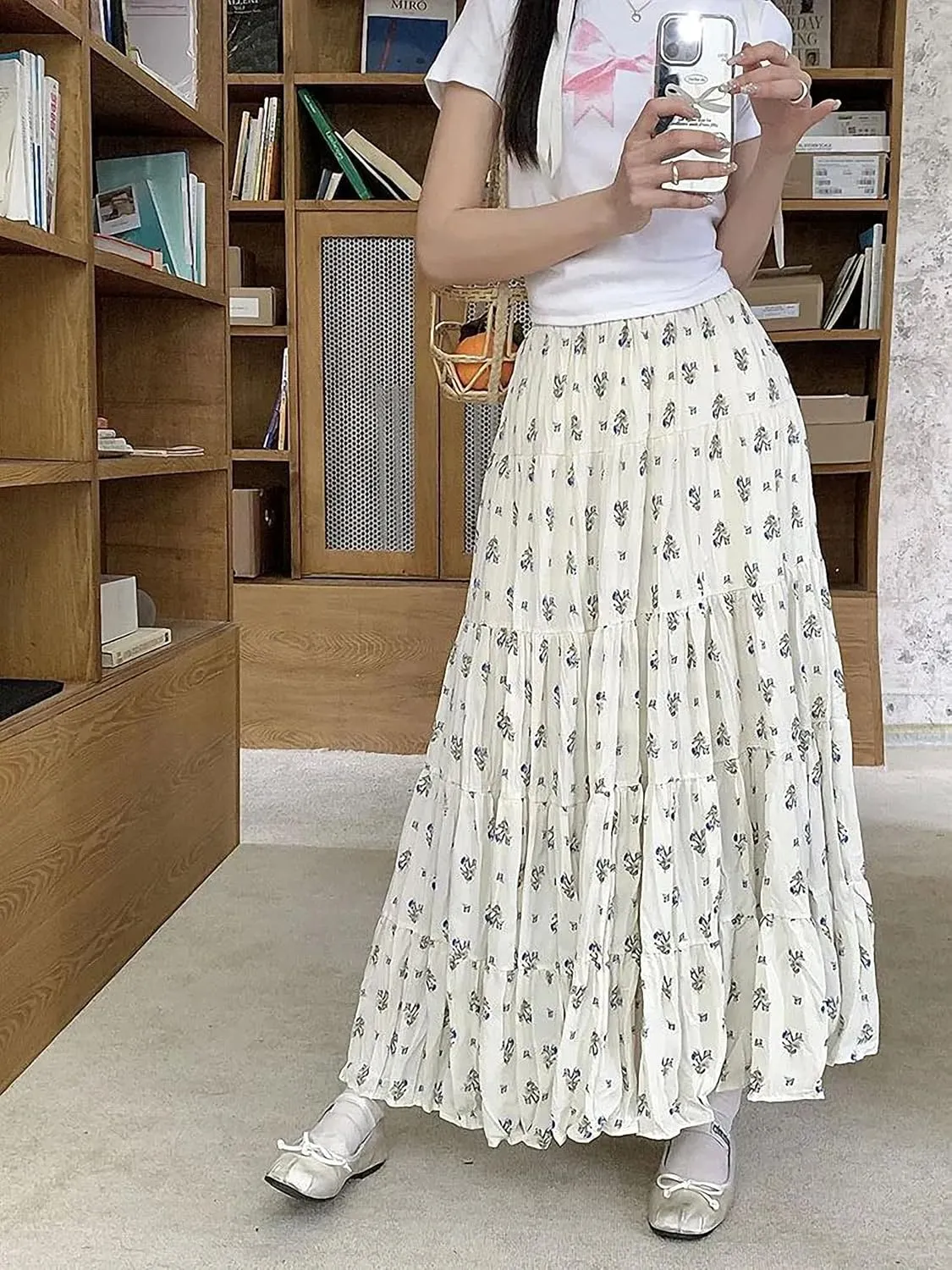 Print Floral Summer Pleated Skirt Women Mori Girl Style Casual High Waisted Ruffle Midi Long Skirts Pleat