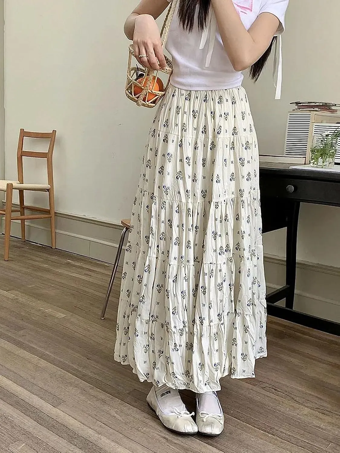 Print Floral Summer Pleated Skirt Women Mori Girl Style Casual High Waisted Ruffle Midi Long Skirts Pleat