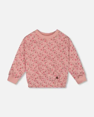 Printed French Terry Sweatshirt Old Pink And Flowers