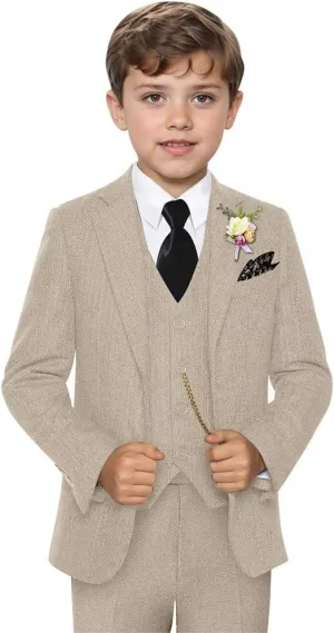 Retro 3 Piece Boys Suit Tweed Herringbone Boy Suits Slim Fit Dress Tuxedos Set Prom Teens Kids Jacket Blazer Vest Pants