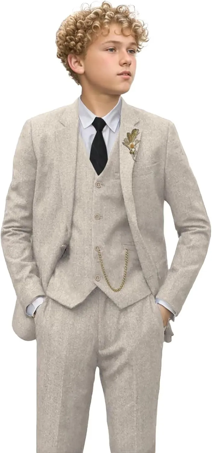 Retro 3 Piece Boys Suit Tweed Herringbone Boy Suits Slim Fit Dress Tuxedos Set Prom Teens Kids Jacket Blazer Vest Pants