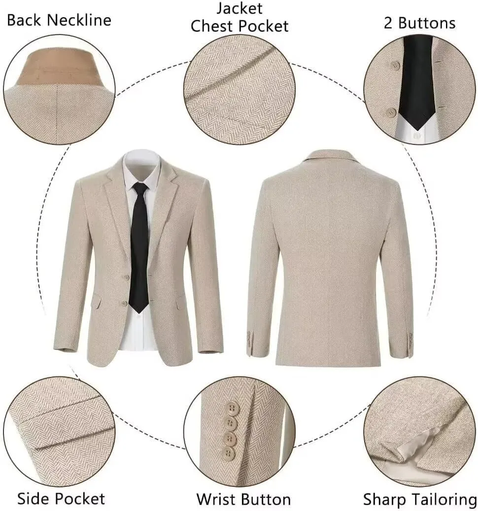 Retro Men Suit 3 Piece Tweed Herringbone Men's Suits Wool Jacket Tuxedos Wedding Grooms Blazer Vest Pants Set Prom