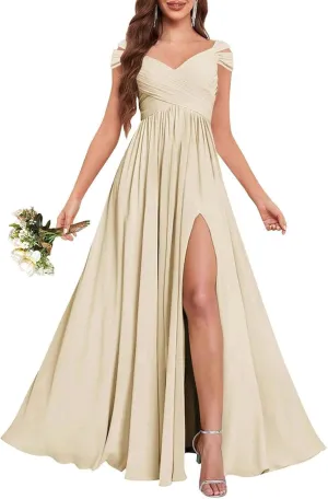 Ruched Chiffon Long Bridesmaid Dress for Wedding Ruffle Off The Shoulder Formal Evening Dresses 2025