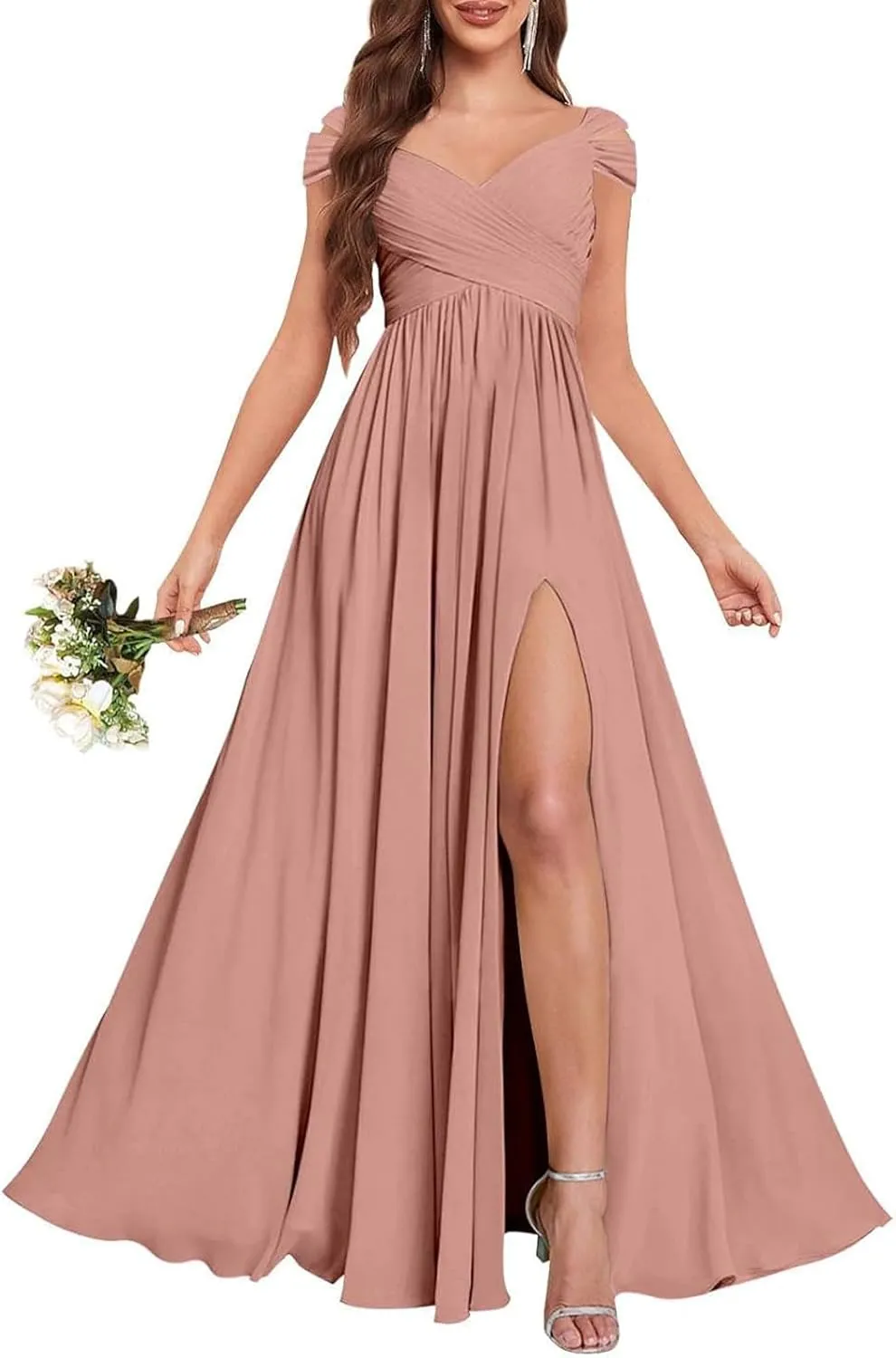 Ruched Chiffon Long Bridesmaid Dress for Wedding Ruffle Off The Shoulder Formal Evening Dresses 2025
