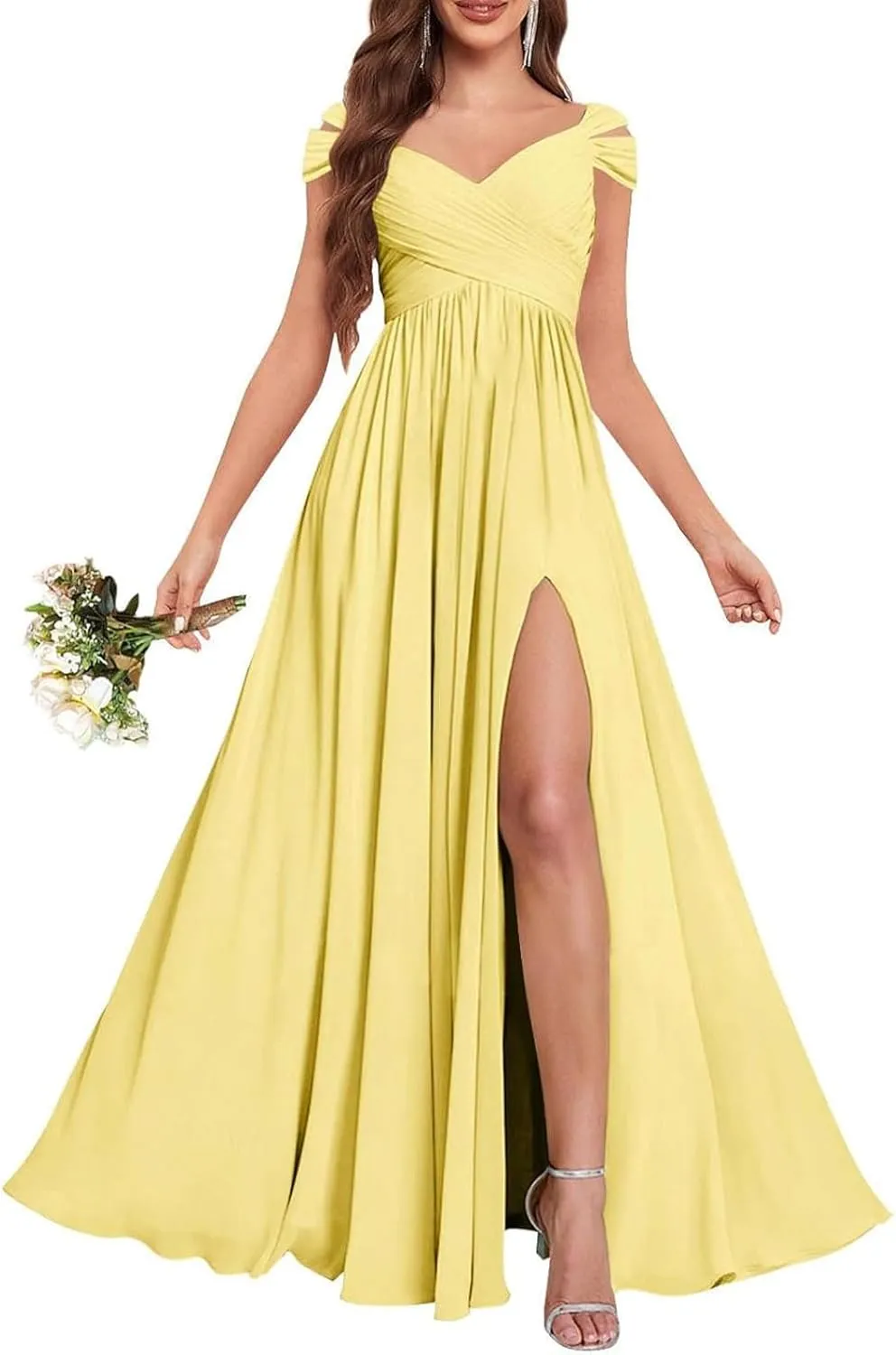 Ruched Chiffon Long Bridesmaid Dress for Wedding Ruffle Off The Shoulder Formal Evening Dresses 2025