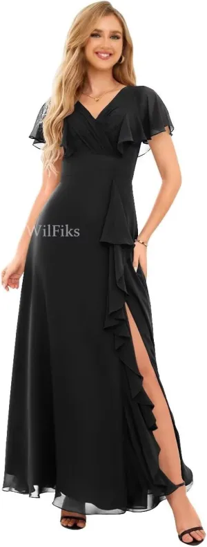 Ruffle V Neck Bridesmaid Dresses for Women Long Ruched Chiffon Formal Wedding Guest Dress Evening Gowns with Slit