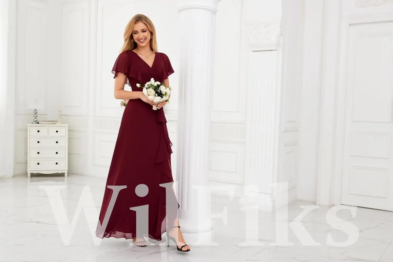 Ruffle V Neck Bridesmaid Dresses for Women Long Ruched Chiffon Formal Wedding Guest Dress Evening Gowns with Slit