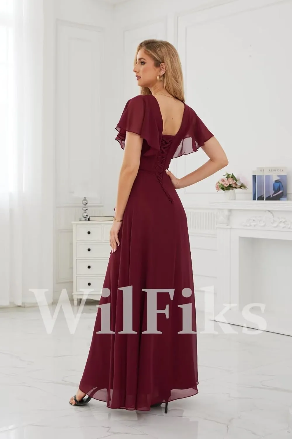Ruffle V Neck Bridesmaid Dresses for Women Long Ruched Chiffon Formal Wedding Guest Dress Evening Gowns with Slit