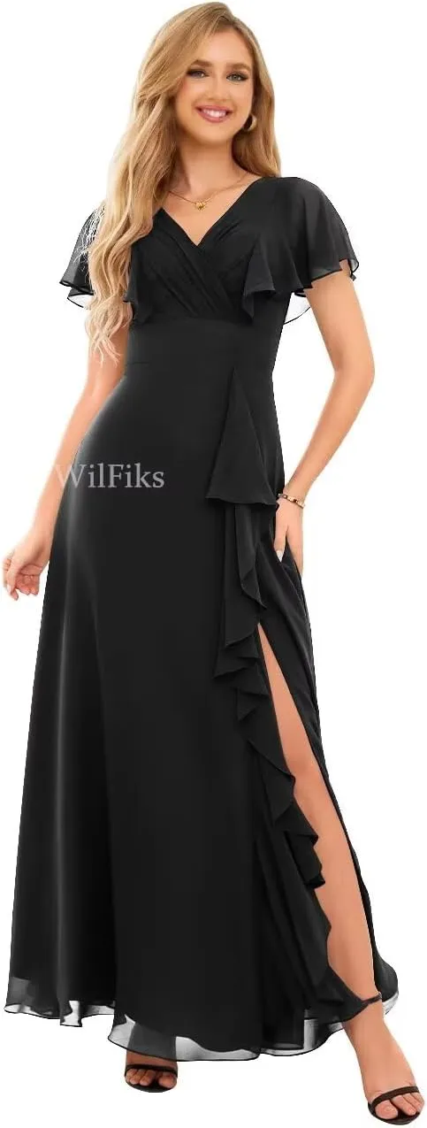Ruffle V Neck Bridesmaid Dresses for Women Long Ruched Chiffon Formal Wedding Guest Dress Evening Gowns with Slit