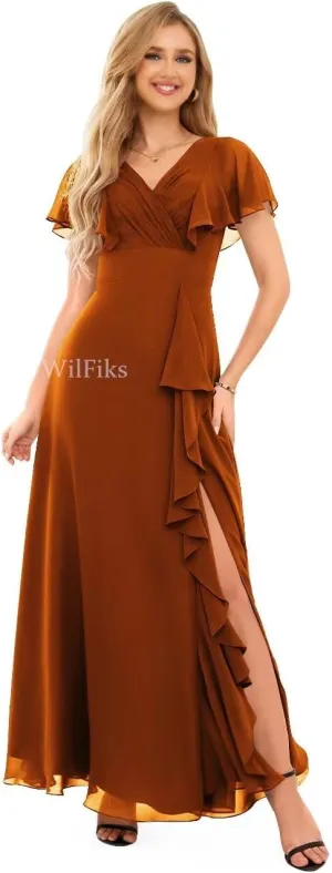 Ruffle V Neck Bridesmaid Dresses for Women Long Ruched Chiffon Formal Wedding Guest Dress Evening Gowns with Slit