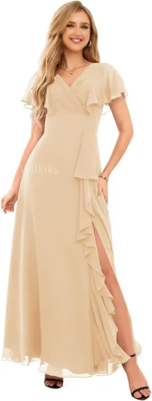 Ruffle V Neck Bridesmaid Dresses for Women Long Ruched Chiffon Formal Wedding Guest Dress Evening Gowns with Slit