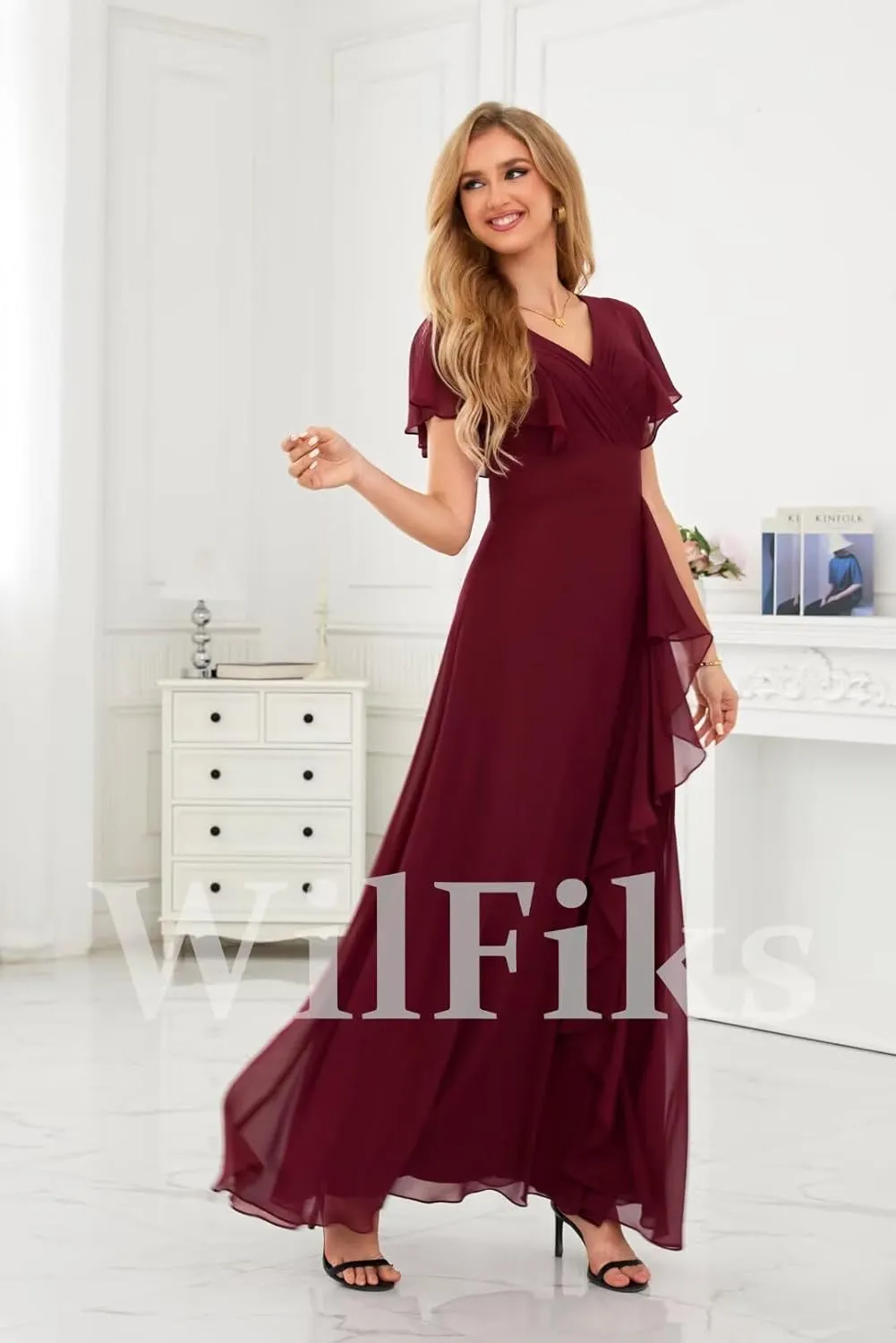 Ruffle V Neck Bridesmaid Dresses for Women Long Ruched Chiffon Formal Wedding Guest Dress Evening Gowns with Slit