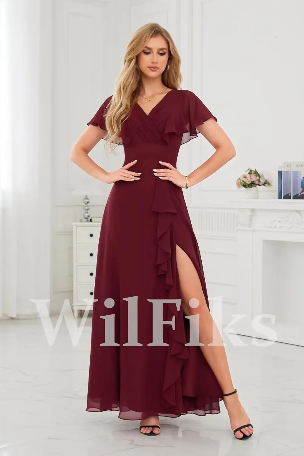 Ruffle V Neck Bridesmaid Dresses for Women Long Ruched Chiffon Formal Wedding Guest Dress Evening Gowns with Slit