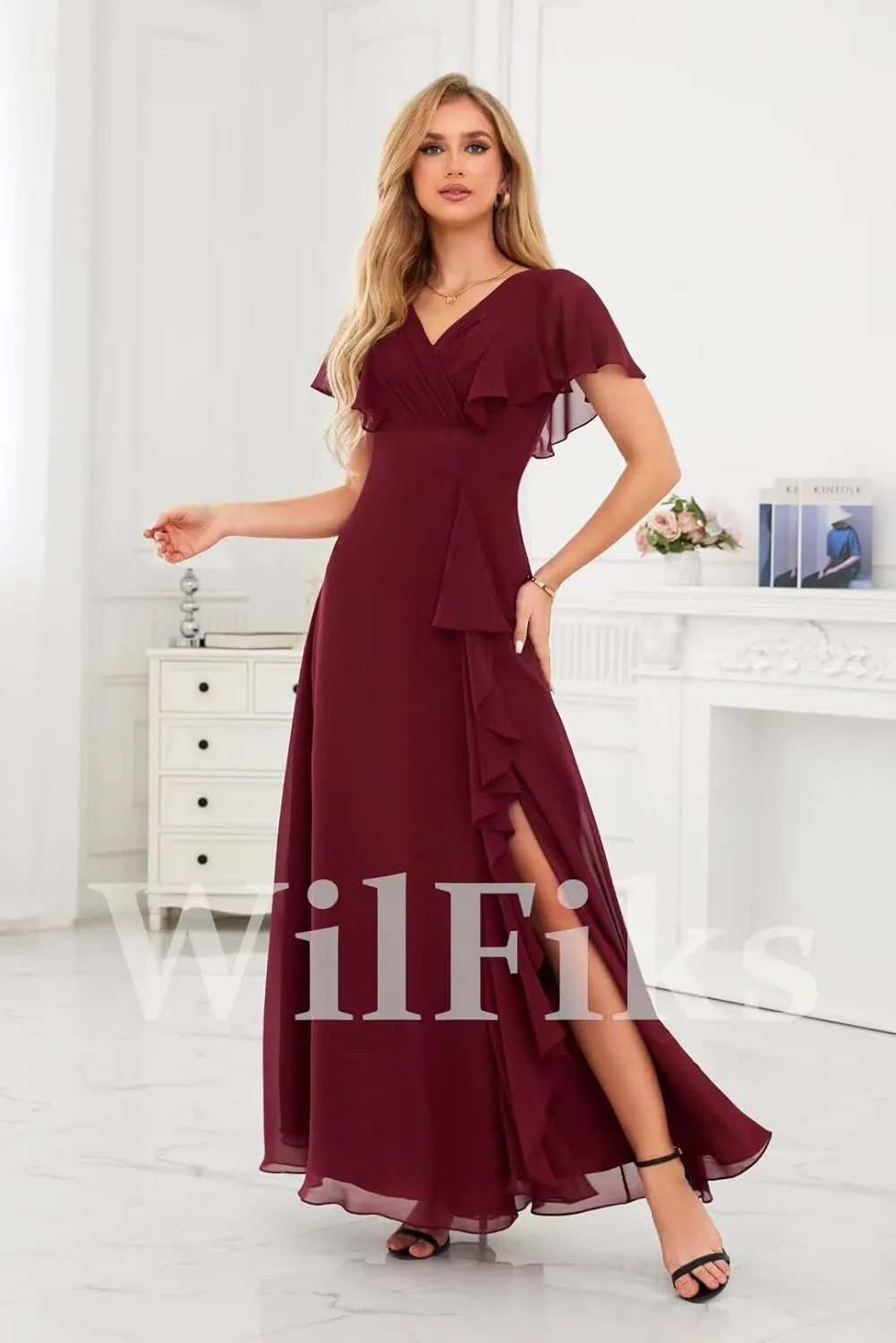 Ruffle V Neck Bridesmaid Dresses for Women Long Ruched Chiffon Formal Wedding Guest Dress Evening Gowns with Slit