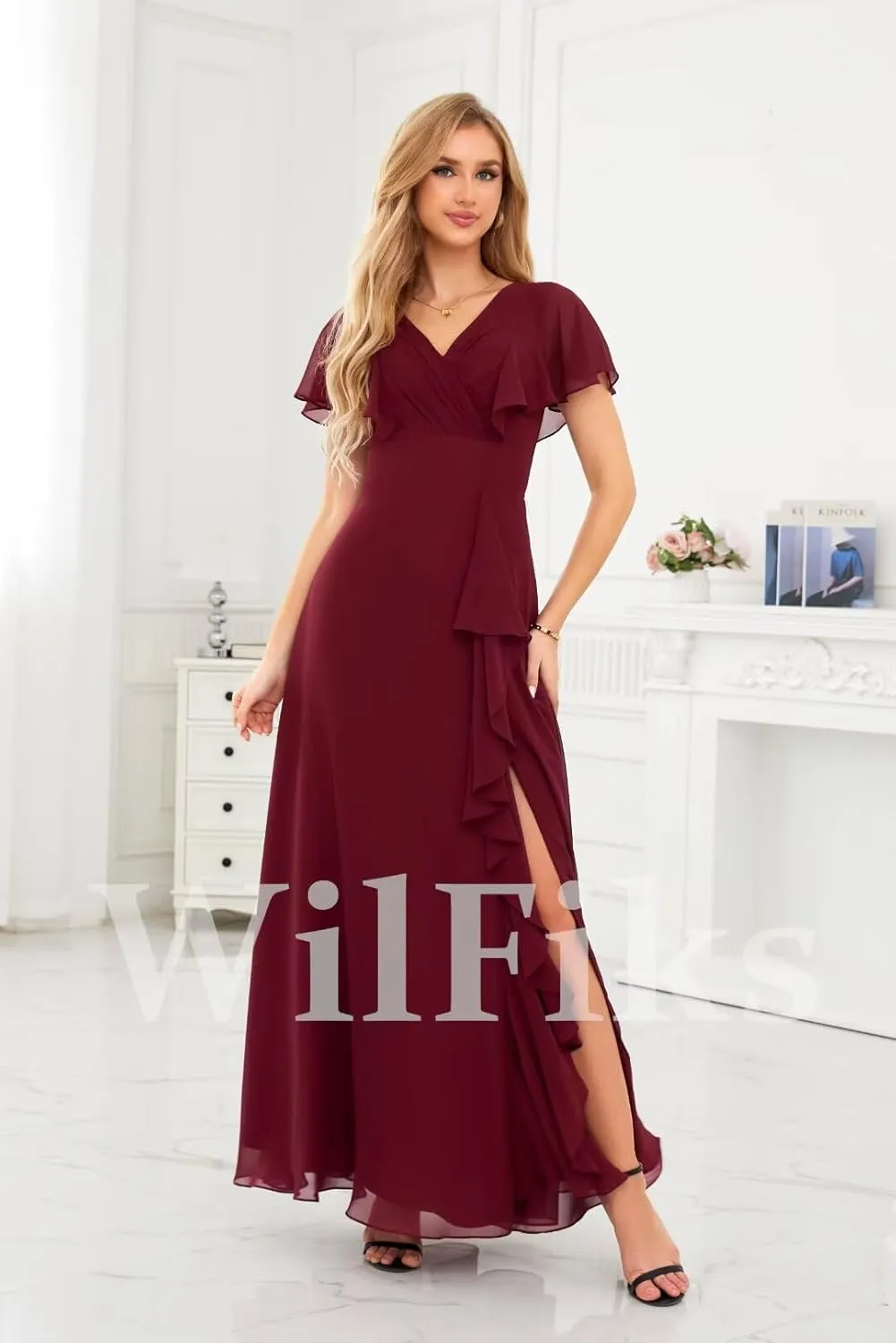 Ruffle V Neck Bridesmaid Dresses for Women Long Ruched Chiffon Formal Wedding Guest Dress Evening Gowns with Slit