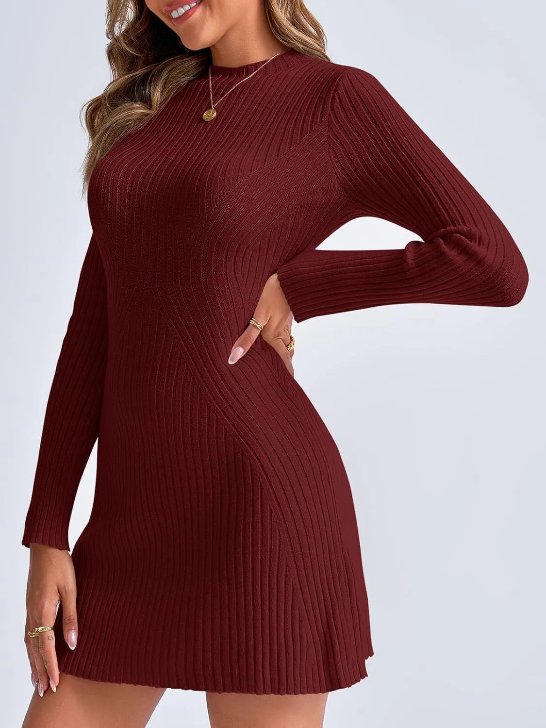 Saodimallsu Womens Long Sleeve Sweater Dress Bodycon Crew Neck 2024 Fall Slimming Knit Mini Dresses