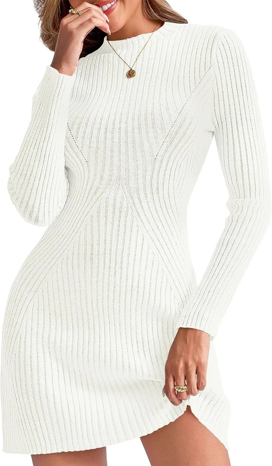 Saodimallsu Womens Long Sleeve Sweater Dress Bodycon Crew Neck 2024 Fall Slimming Knit Mini Dresses