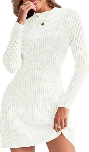 Saodimallsu Womens Long Sleeve Sweater Dress Bodycon Crew Neck 2024 Fall Slimming Knit Mini Dresses