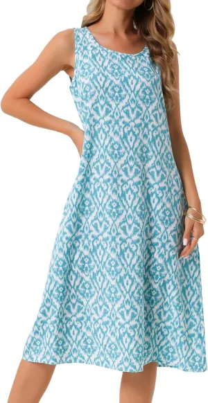 Seta T Women's Summer Dresses Beach Casual Sleeveless Sundress Crewneck Print Loose Midi Tank Dress with Pockets