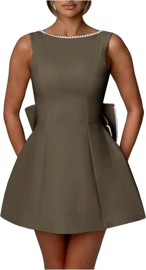 Sevintage Satin Pearl Homecoming Dress with Bow Short Modest Mini Cocktail Dresses for Wedding