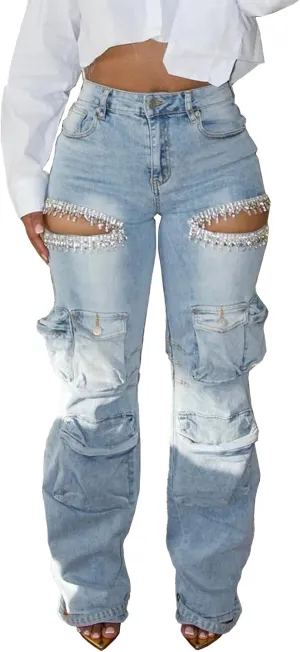 SHINFY Rhinestone Cargo Jeans for Women High Waisted Straight Wide Leg Ripped Jeans Y2K Baggy Denim Cargo Pants