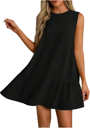 Short Summer Dresses for Women 2025 Round Neck Sleeveless Mini Dress Casual Beach Ruffle Hem A-Line Sundresses