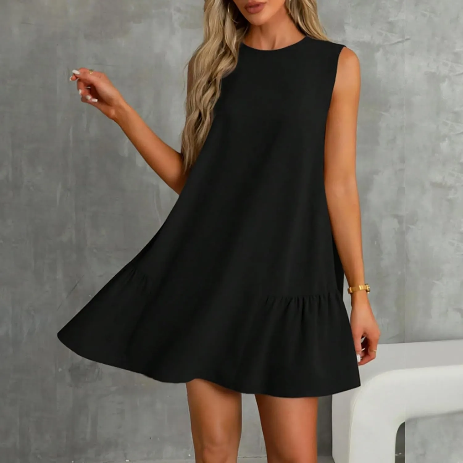 Short Summer Dresses for Women 2025 Round Neck Sleeveless Mini Dress Casual Beach Ruffle Hem A-Line Sundresses