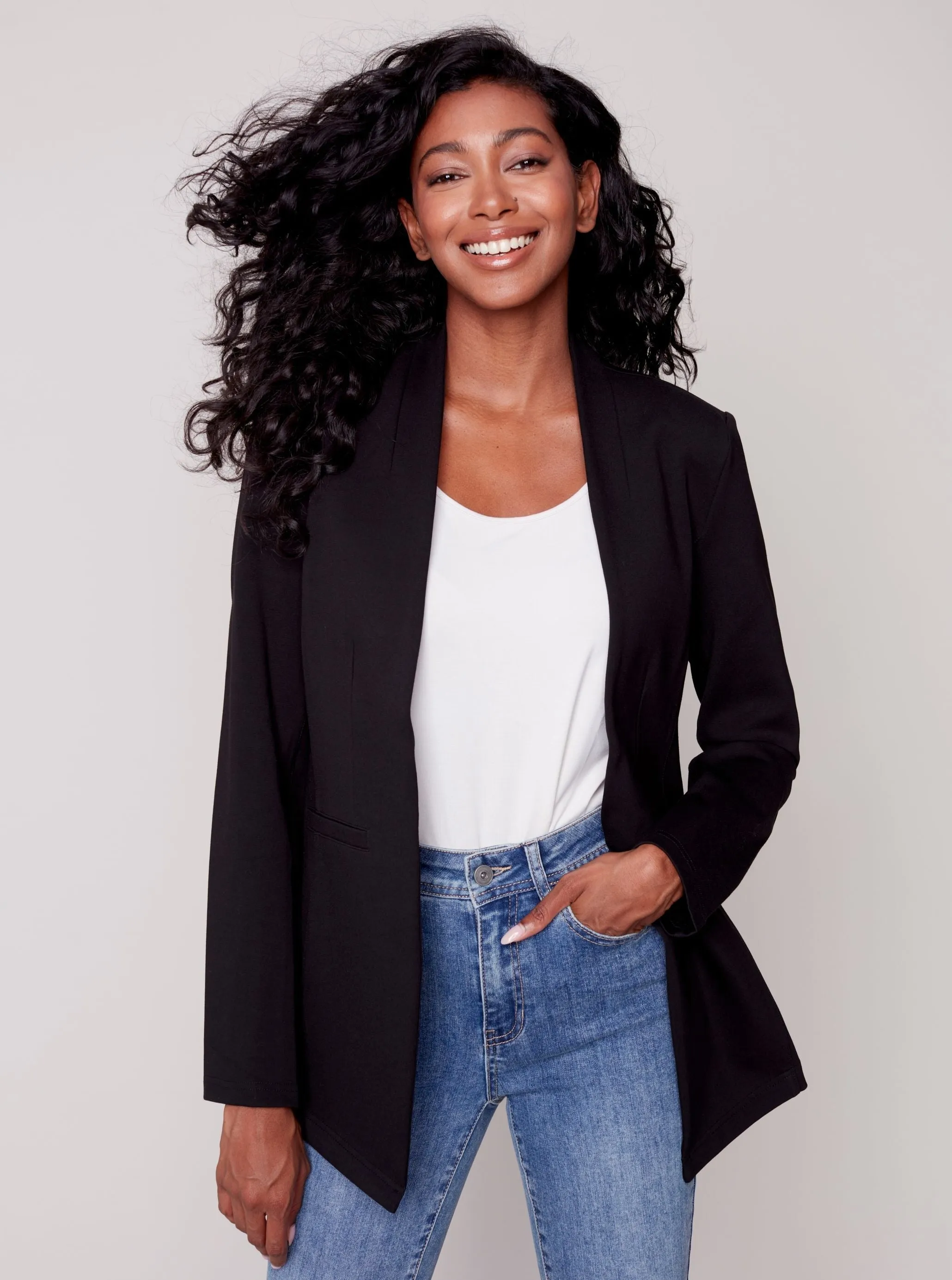 Solid Knit Blazer Jacket [Black-C6275]