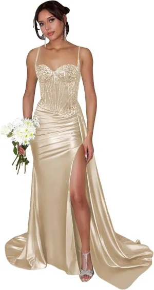 SOLODISH Spaghetti Straps Lace Applique Prom Dresses Satin Long Formal Evening Party Gown with Slit