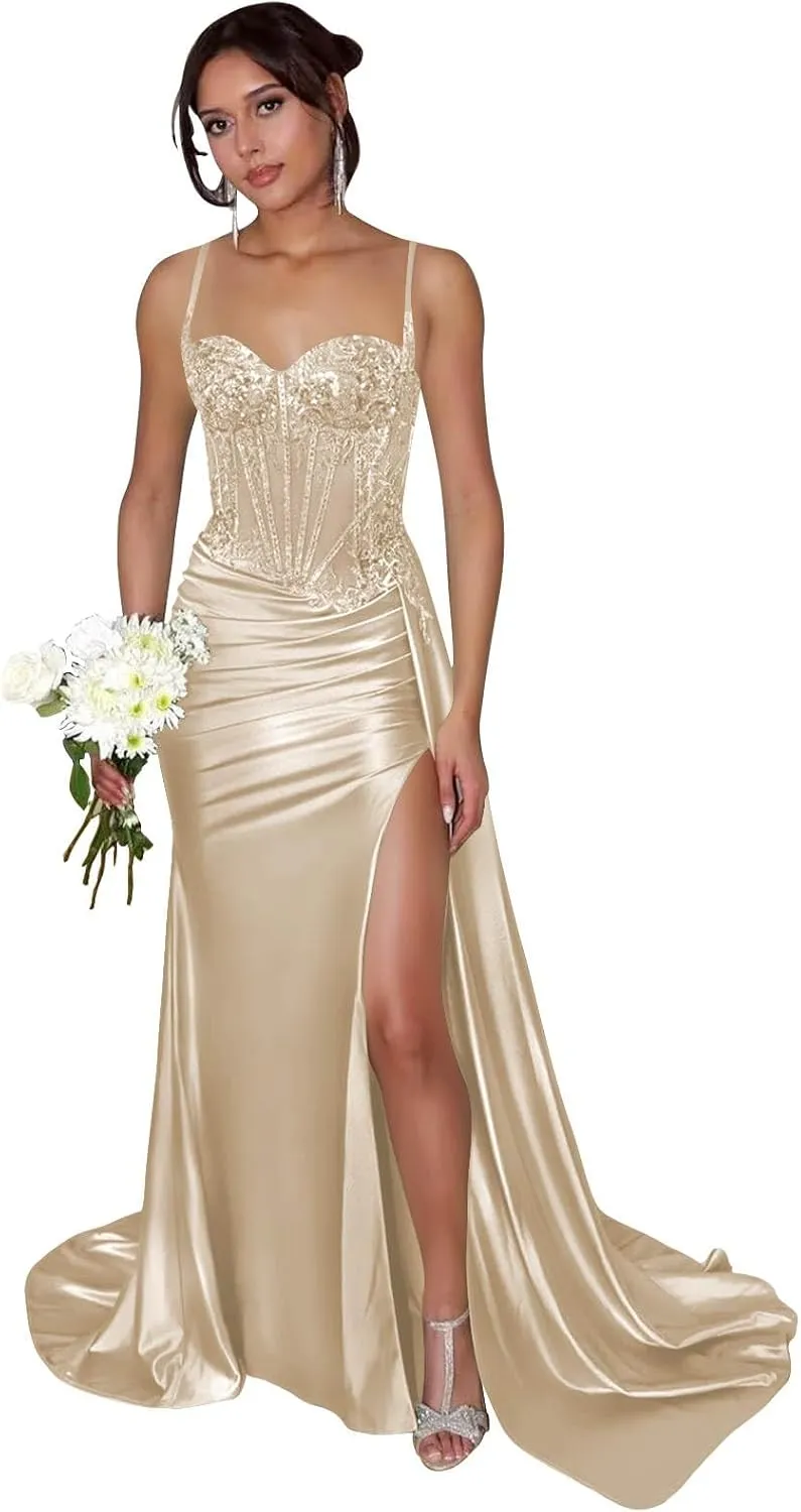 SOLODISH Spaghetti Straps Lace Applique Prom Dresses Satin Long Formal Evening Party Gown with Slit