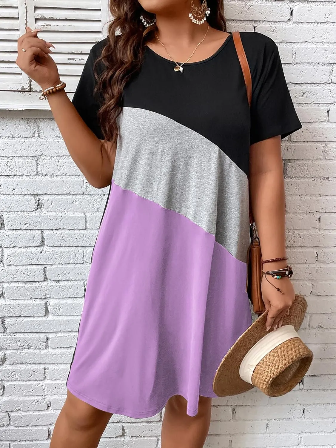 SOLY HUX Women's Plus Size Dress Color Block Short Sleeve T Shirt Dress Casual Summer Dresses