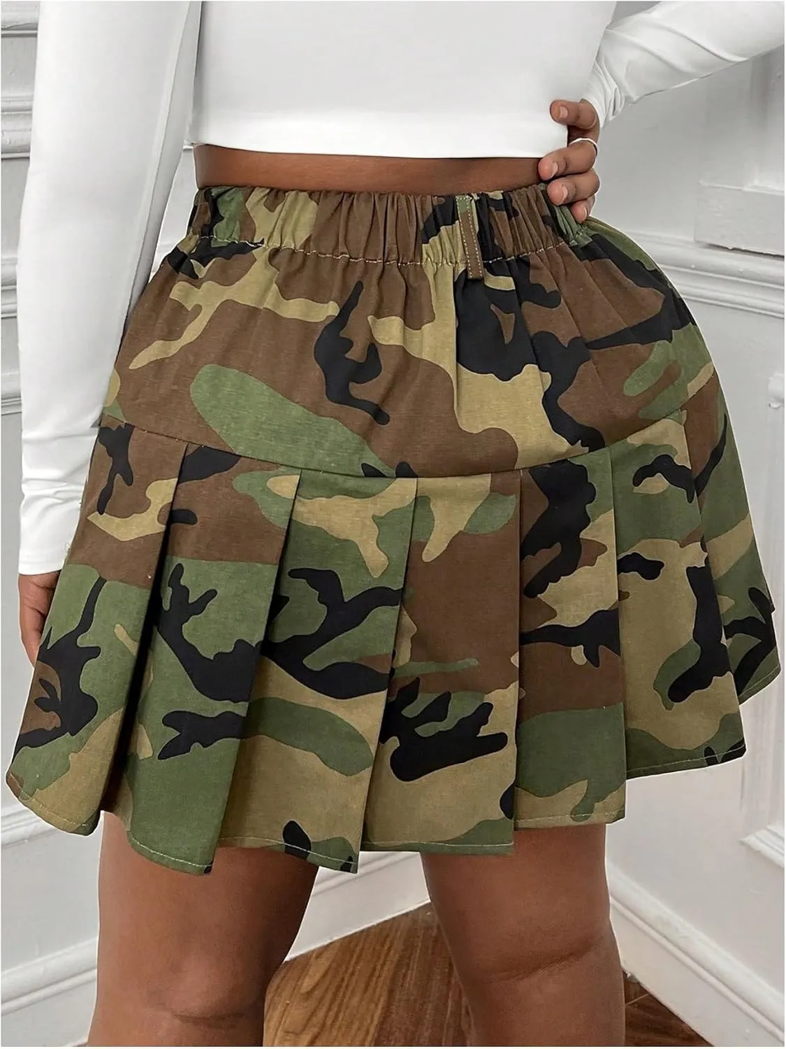 SOLY HUX Women's Plus Size Skirt Camo Print High Waisted Pleated A Line Short Skirts