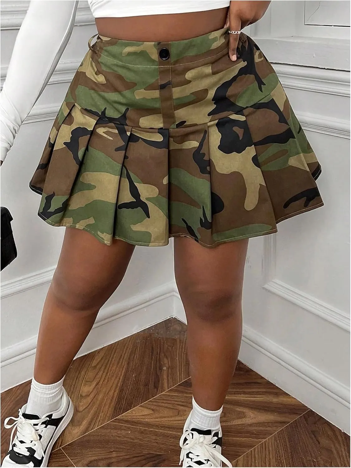 SOLY HUX Women's Plus Size Skirt Camo Print High Waisted Pleated A Line Short Skirts