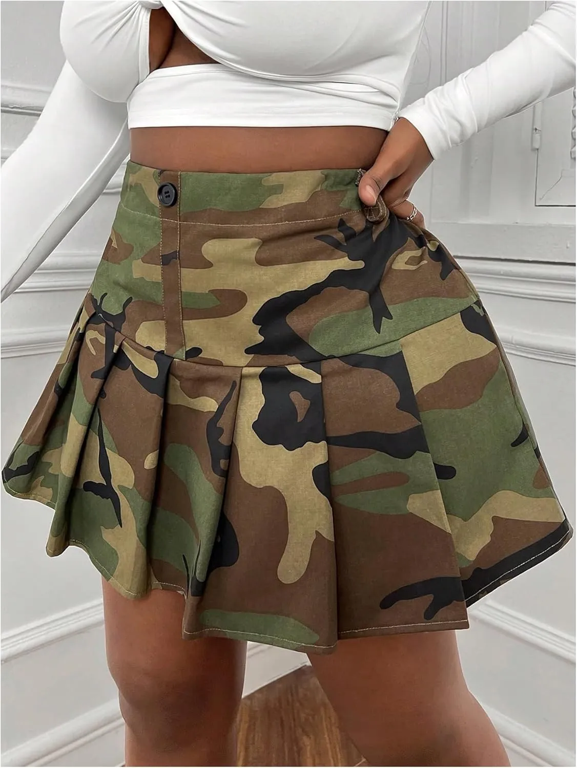 SOLY HUX Women's Plus Size Skirt Camo Print High Waisted Pleated A Line Short Skirts