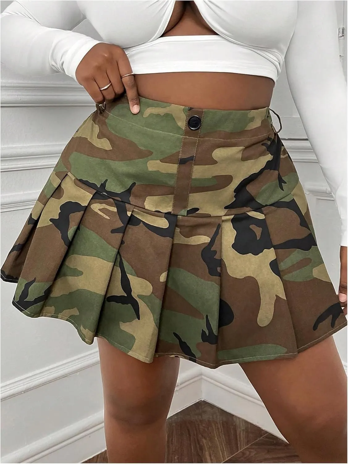 SOLY HUX Women's Plus Size Skirt Camo Print High Waisted Pleated A Line Short Skirts