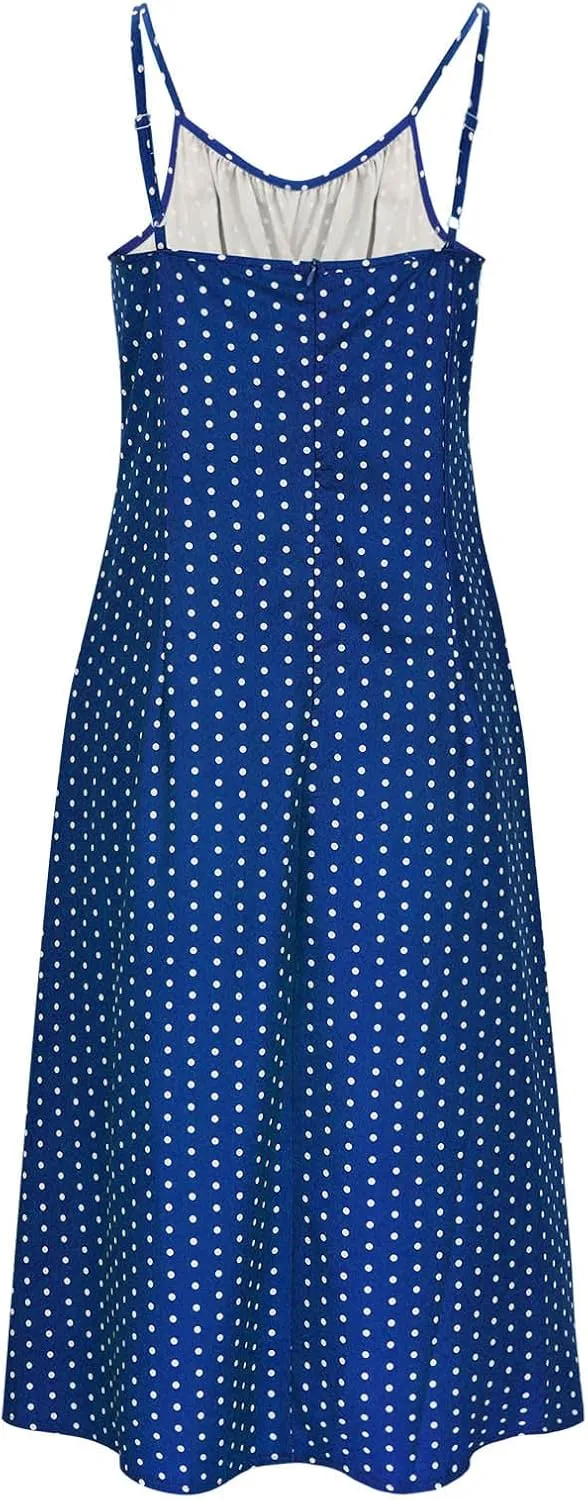 Spaghetti Strap Dresses for Women 2025 Polka Dot Sleeveless Slit Summer Midi Sundress Beach Vacation Sexy Dress