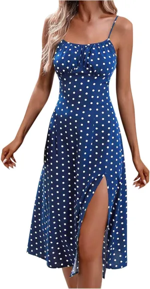 Spaghetti Strap Dresses for Women 2025 Polka Dot Sleeveless Slit Summer Midi Sundress Beach Vacation Sexy Dress