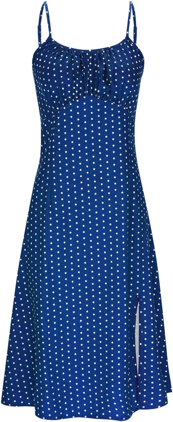 Spaghetti Strap Dresses for Women 2025 Polka Dot Sleeveless Slit Summer Midi Sundress Beach Vacation Sexy Dress