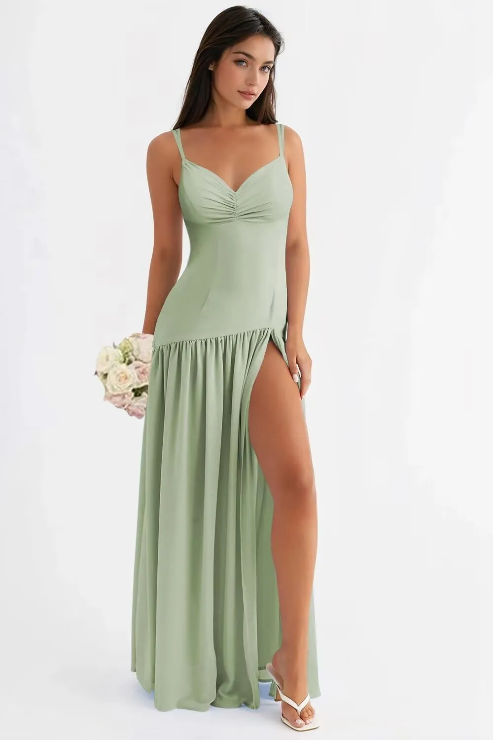 Spaghetti Straps Bridesmaid Dresses 2025 Chiffon Drop Waist Prom Dresses Long Formal Gowns XOD0466
