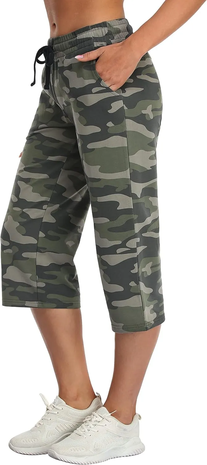 SPECIALMAGIC Women Capri Pants Camouflage Printed Cotton Yoga Wide Leg Pajama Capris Sweatpants