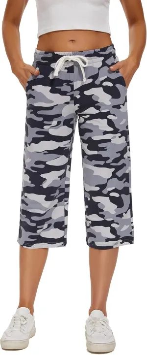 SPECIALMAGIC Women Capri Pants Camouflage Printed Cotton Yoga Wide Leg Pajama Capris Sweatpants